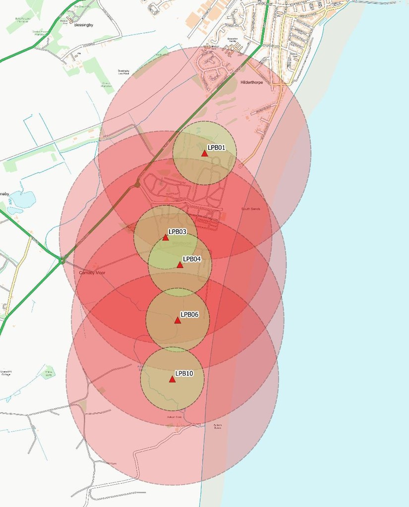 Arcs of fire for Lozenge pillboxes (Bren LMG in red, Enfield rifle in green) Contains OS data © Crown copyright and database right (2018)