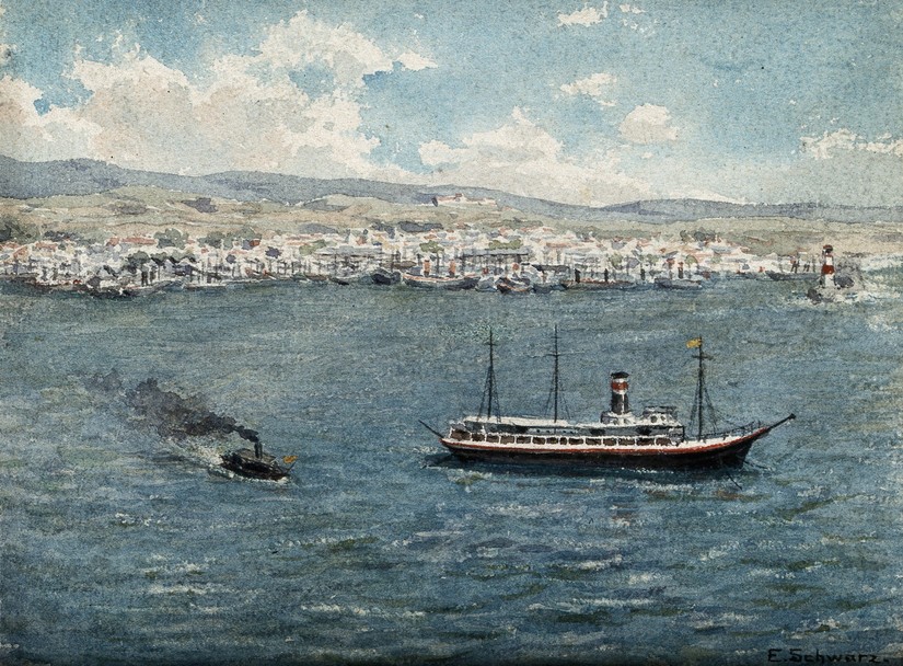 - A yellow quarantine flag, signalling yellow fever, raised on a ship anchored at sea some distance from a port. Watercolour by E. Schwarz, 1920/1950 